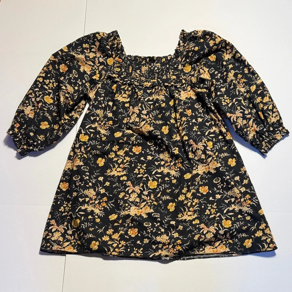 DÔEN Acton Baby Doll Mini Dress Navy Oaks Bluffs Floral Smocked Square Neck L - Picture 2 of 12